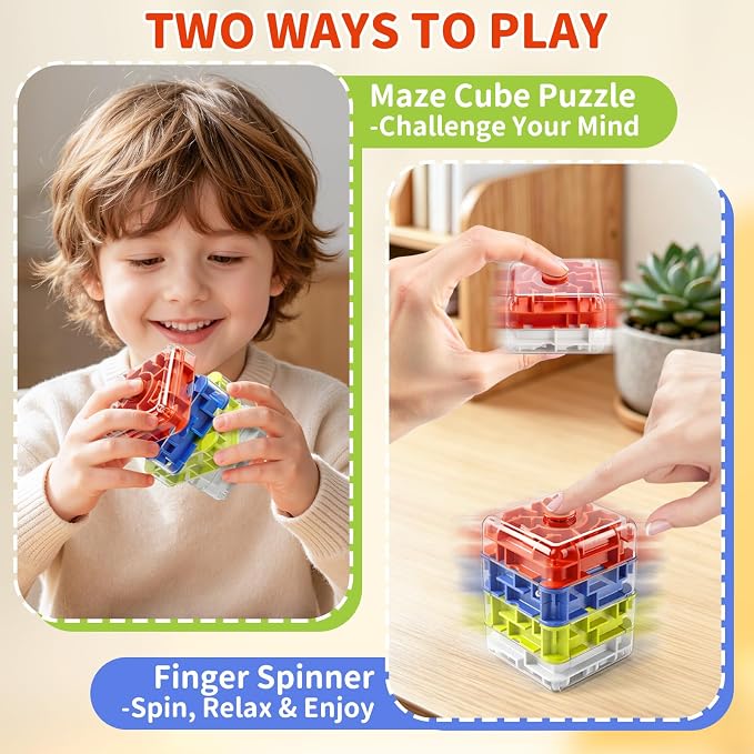 Infowush 2-in-1 Fidget Spinners Maze Cube - Fidget Toys for Kids & Adults | 3x4 Cube, Stress Relief Sensory 3D Brain Teaser Puzzle Cube, Board Game, Travel Toy, Birthday Gift for Boys Girls Ages 3 & Up