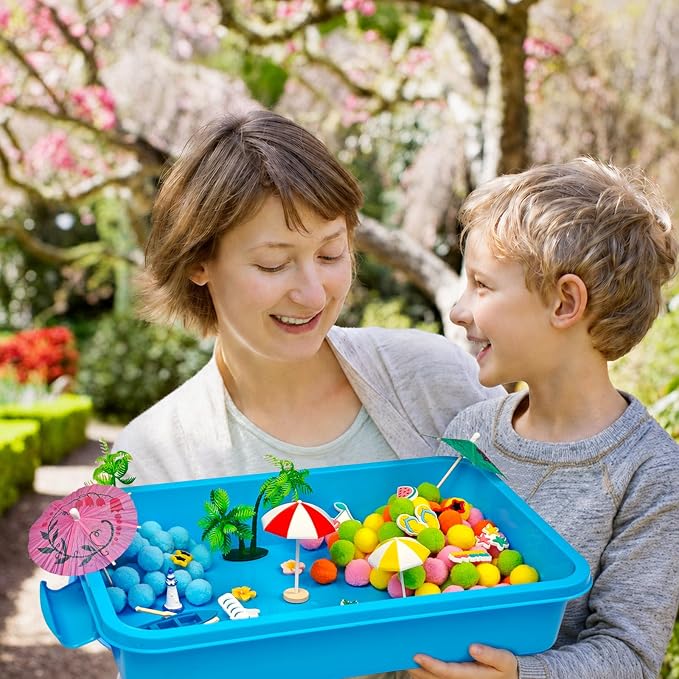 Cinrobiye 155 Pcs Beach Sensory Bin Fillers Set, Tropical Summer Sensory Bin with Palm Tree, Pineapple, Beach Accessories for Preschool Classroom Activities, Fine Motor Skills & Homeschool Learning