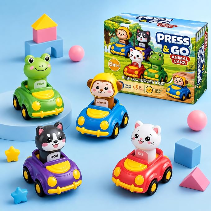 Press to Go Car Toys for Toddlers, Animal Cars for Babies 6-36 Months | 4 Pack Vehicle Set, First Birthday Gifts, Infant Sensory Toys, Baby Shower Gifts, Fun Gifts for Boys & Girls