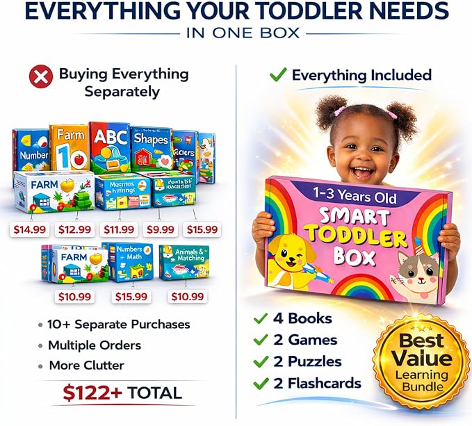 TOYVENTIVE Educational Books, Flash Cards, and Puzzles - Birthday Gifts for 1, 2, 3, and 4 Year Old Boys, Toddler Learning Toys and Activities