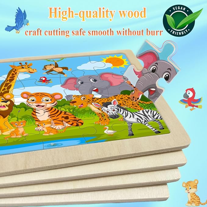Wooden Puzzles for Kids Ages 4-6, 4 Pack 24 Pcs Toddler Puzzles Set for Ages 3-5, Educational Learning Toys Gift for Boys Girls 3 4 5 6 Year Old, Dinosaur Animal Ocean Vehicle