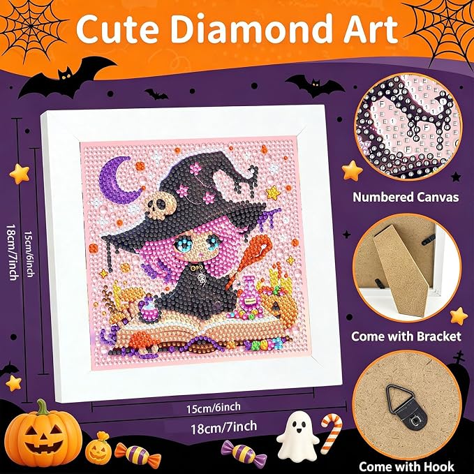 Gemozaic Halloween Diamond Art Kit for Kids Ages 6-8-12 with Frame, 7x7 in | Cute Witch Diamond Art for Kids 10 Year Old, DIY Big Gem Arts and Crafts for Boys and Girls Birthday Gift, Home Wall Decor