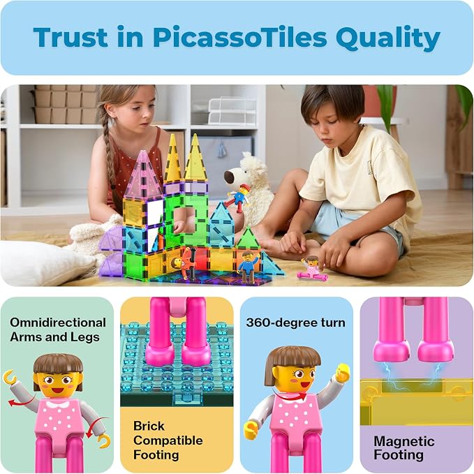 PicassoTiles 4pcs Magnetic Family Action Figures Toddler Magnet Toy Expansion Pack Educational Add-on STEM Learning Kit Toys Pretend Playset for Construction Building Block Tile for Kids Age 3+ PTA01