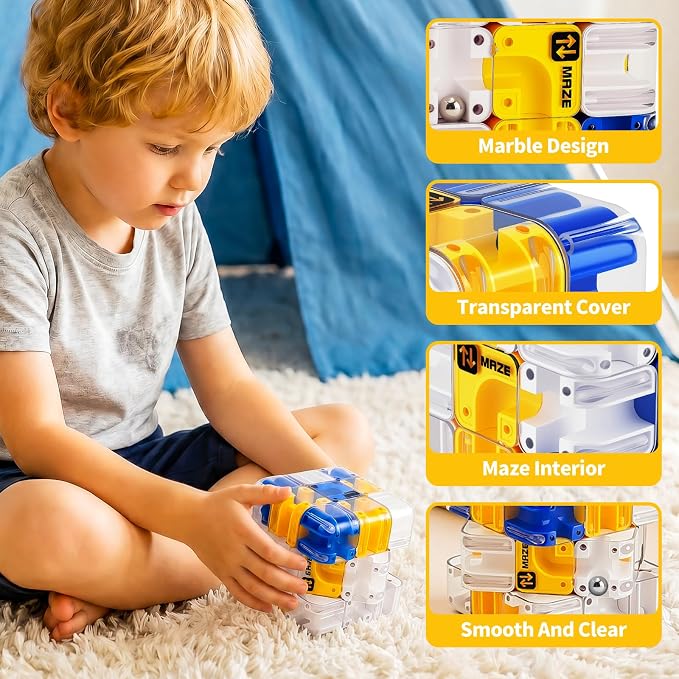 3D Maze Cube Ball Puzzle Brain Teaser for Adults & Kids, Educational Learning Toys Logical Thinking, Family Board Games Tabletop, Durable Puzzle Cube (White&Blue&Yellow, 2.7x2.7x2.7)