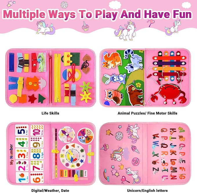MEGRANATE Montessori Busy Board, Busy Book Educational Learning Toys for Kids Quiet Book Activity Books Fine Motor Skills Toys for 3+ Year Old Kids (Pink)