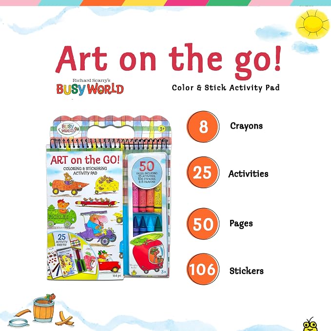 Bright Stripes Richard Scarry Art on the Go Travel Coloring Kit, Ages 3+ | Sticker activity set with crayons, screen-free creative play designed to entertain little ones and older preschool children