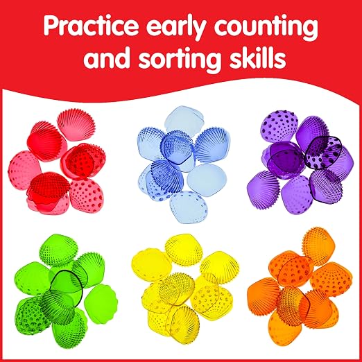 edxeducation Tactile Shells, Set of 72, Translucent, 6 Textures and Colors | Ages 18m+, Light Table and Sensory Bin Toys, Explore Early STEM Concepts