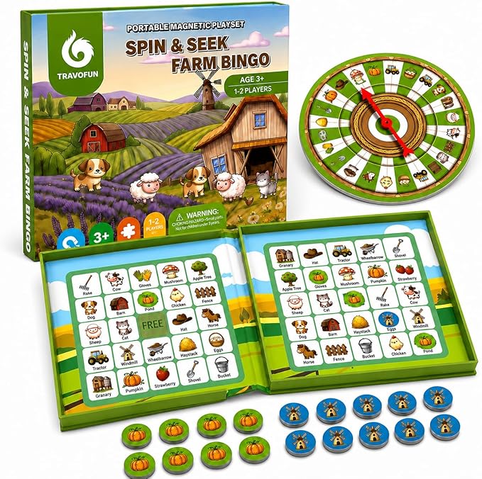 Travofun Farm Bingo Game, Magnetic Travel Toy for Kids 3 and Up, Ideal for Road Trips