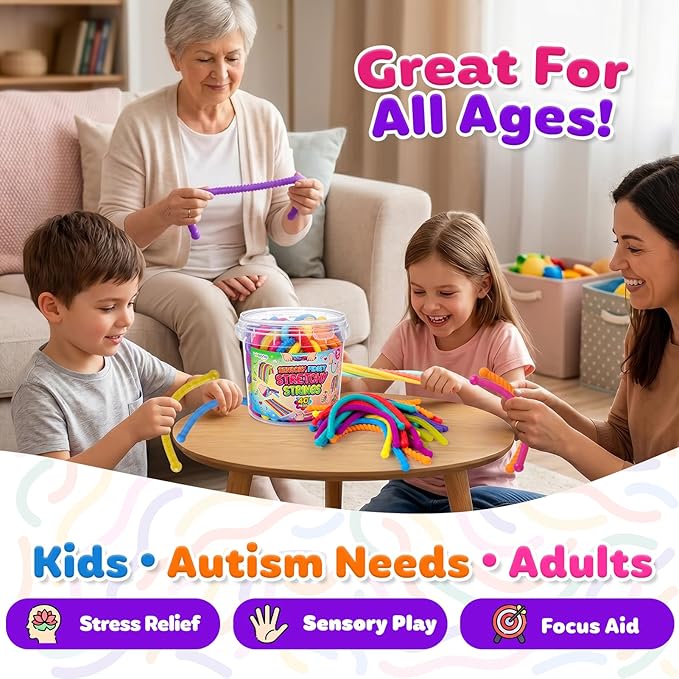 Fidget Sensory Toys for Kids, 40 Pack Textured Sensory Stretchy Noodles, Calm Down Stress Toys for Autism ADHD, Quiet Fidgets for Classroom Prizes, Party Favor Gifts, Travel Toys, Adults Desk Fidgets