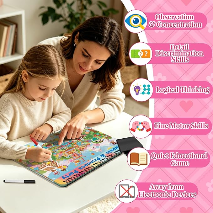 Elfew Search and Find Reusable Activity Book for Girls 3-5, 4-8 | 24 Unique Themed, With 2 Markers, Wipe Cloth & Storage Pouch, Quiet Travel Toy Gift for Toddler Kids 3-8