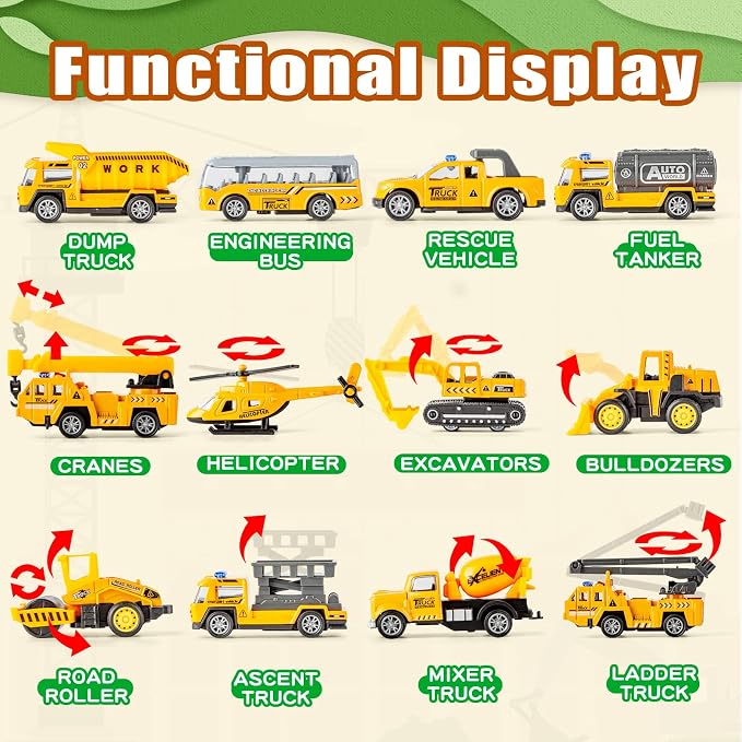 25 in 1 Die-cast Pull Back Construction Truck Vehicle Toys for 3-7Year Old Boy, Sounds and Lights in Large Carrier Truck, Age3+ Kids Child Boy Toy Cars Birthday Gifts