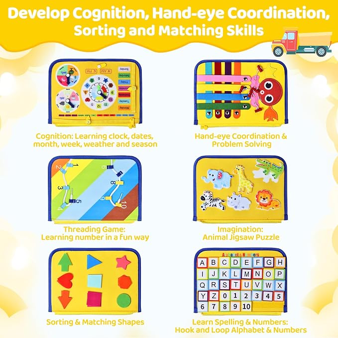 Esjay Busy Board Montessori Toys for Boys Girls, Sensory Book Educational Activities for Learning Fine Motor Skills, Birthday Gifts, Travel Toys for Airplane Car,Yellow Multipages