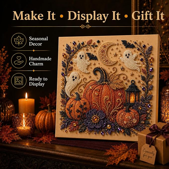 Halloween Pearl Art Kit for Adults, DIY Fall Craft (Pumpkin) | Create textured Halloween decor through a screen-free, beginner-friendly craft activity.