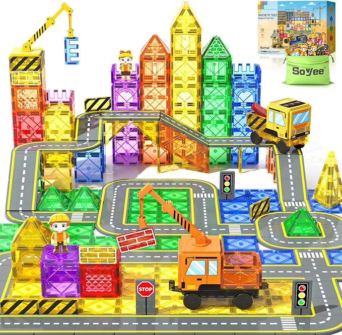 Soyee 102 PCS Magnetic Tiles with 2 Cars & 2 Cranes | Magnet Construction Building Kids Toys for Creative Play and STEM Learning Boys Toys & Gifts for 3-12