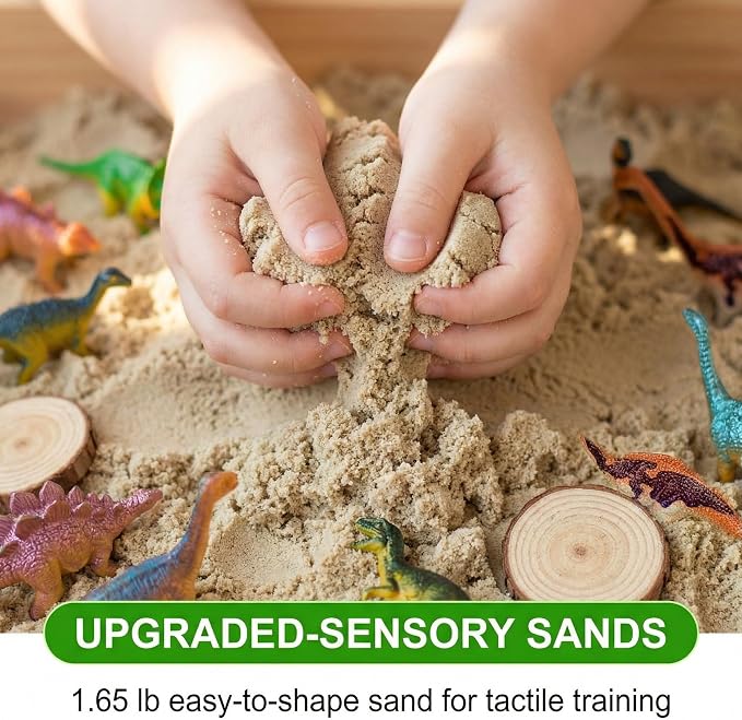 Carolart Dinosaur Sensory Bin, Sand Kit with Glow Dinosaurs & Sand | Dinosaur sandbox with sensory sand, volcano, Dinosaur Gift for boys girls 3-8