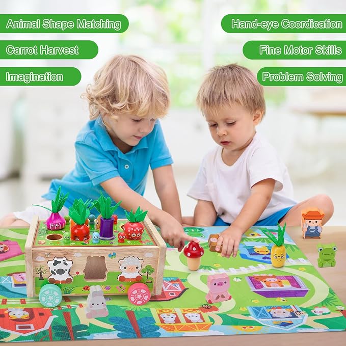 Toddler Montessori Wooden Farm Toys for 1 2 3 Year Old Babies Boys Girls | 12-18 Months Toy with Game Map | 1st First Birthday Gifts for 1-2 Years | Wood Learning Educational Toys Fine Motor Skills