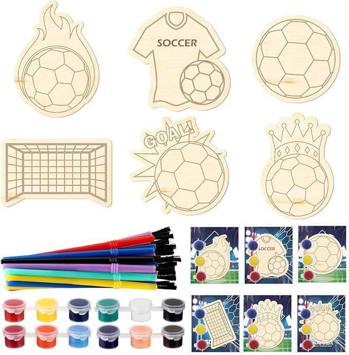 Chunful 24 Sets Soccer Party Favors Wooden Painting Crafts Kits DIY Soccer Paint Arts and Crafts Gifts for Birthday Party Decoration Craft Project