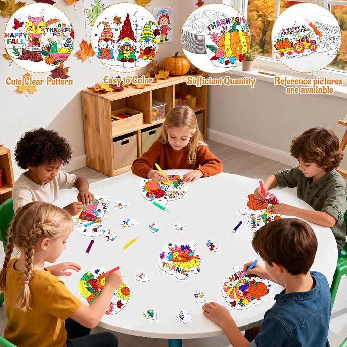 24Pcs Thanksgiving Fall Crafts for Kids Autumn Pumpkin Shape Art DIY Puzzle | Fall Craft Jigsaw leaf Turkey for Thanksgiving Harvest Activity, Classroom party favor Gift, Coloring Game Toy Supplies Bulk