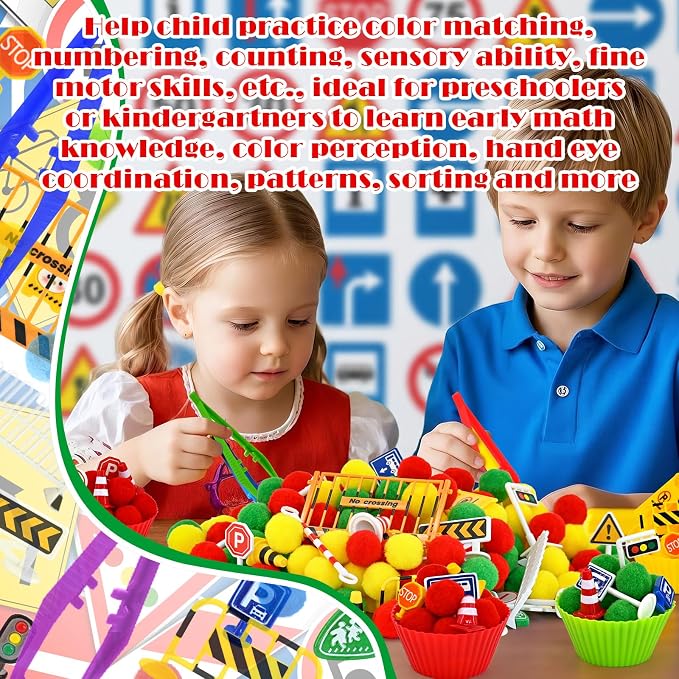 143 Pcs Traffic Sensory Bin Items Traffic Light Stop Sign Traffic Cones Parking Sign Crosswalk Counting Sorting Sensory Bin Filler Fine Motor Traffic-Themed Counts for Summer Counting Sorting