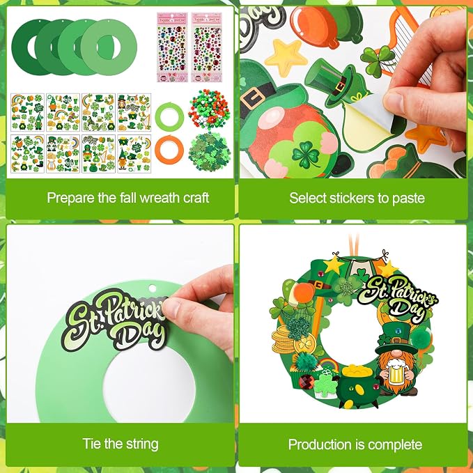 Hollowfly 48 Sets St. Patrick's Day Wreath Craft Kits | 8 Shamrock and Leprechaun Designs, 5.91 in Paper Wreaths with Pom-Poms and Stickers, Crafts for Home, Classroom and Parties