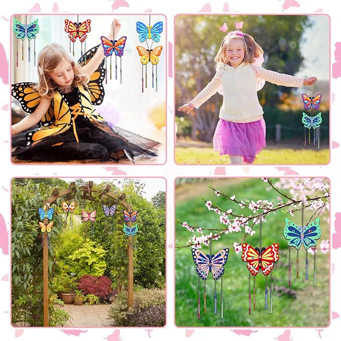 Fennoral 8 Pack Butterfly Wind Chime Kits for Kids | Make Your Own Butterfly Wooden Arts and Crafts DIY to Paint Butterfly Craft for Summer Art Activity Birthday Gift Decoration