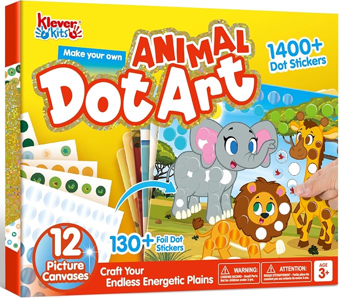 Klever Kits Dot Art Kit for Kids, No Mess Sticker for Kids 3-7, Craft Kits, DIY Creative Activity, Travel Toy, Birthday Gifts for Boys Girls (Animal)