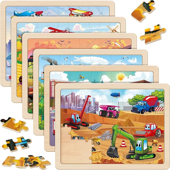 SYNARRY Wooden Vehicle Puzzles for Kids Ages 4-6, 6 Packs 60 PCs Jigsaw Puzzles Preschool Educational Toys Gifts for Children Ages 4-8, Kids Toys Gifts for 4+ Year Olds Boys Girls | 6-Pack Puzzles for Kids Ages 4-6, Puzzles for Kids Ages 6-8, Screen-Fr...