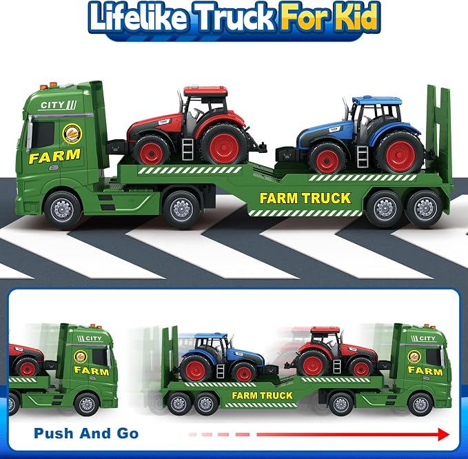 Bstoyder Toddler Boy Toys for 3 4 5 6 7 Years Kids, 25" Semi Flatbed Truck Toy with 2 Tractors, Friction Powered Vehicles Toys with Lights and Sounds, Birthday for Boy Girls