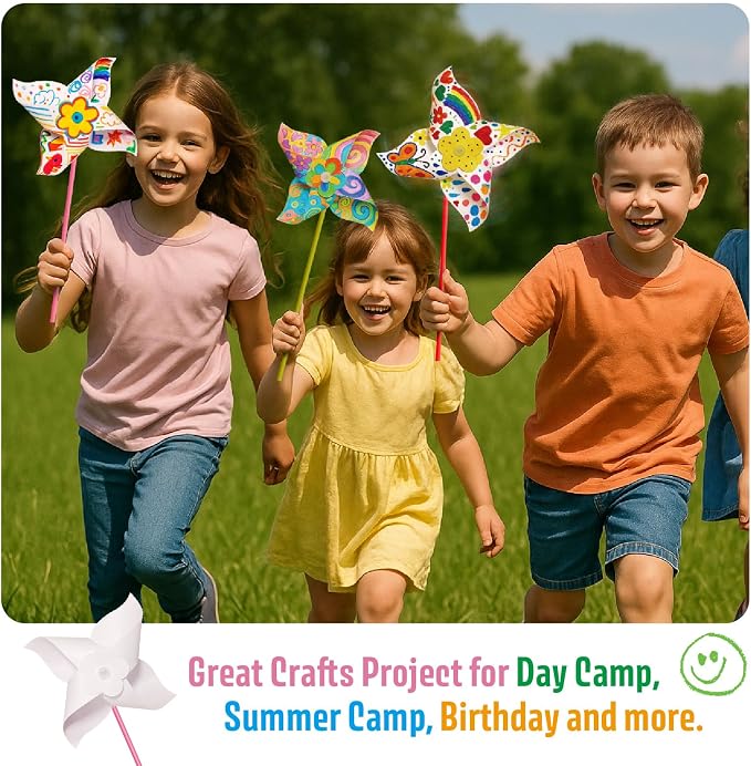 KwestSync 48 Pack DIY Pinwheels for Kids - Bulk Spring Summer Crafts for Kids 3-5, 4-6, 4-8, Color Your Own Paper Windmill - Great Activity for Party, VBS, Patriotic Classroom Birthday