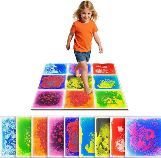 Liquid Sensory Floor Tiles for Kids, 12" Step-On Mats, 9 Pack | Interactive Color-Flow Lava Tiles for Sensory Paths, Group Games, Obstacle Courses, Gross Motor Play, and Classrooms