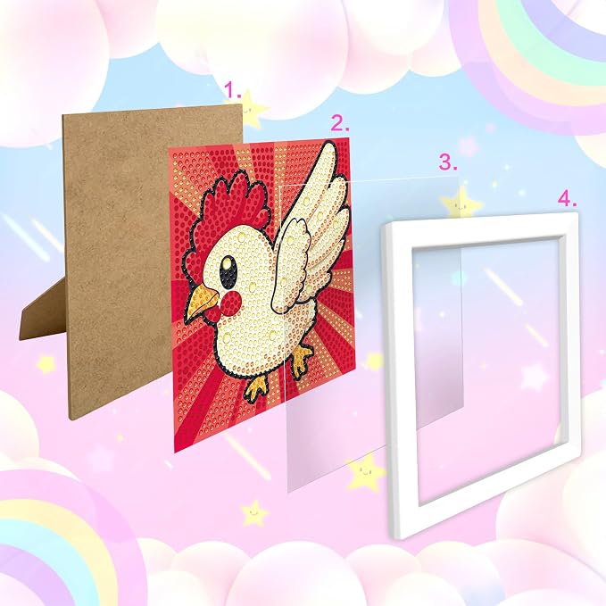 Reofrey Diamond Art Kits for Kids with Frame, 5D DIY Rooster Diamond Painting Kits, Fun Arts and Crafts Gift for Girls & Boys Ages 4-12, Creative Educational Toy for Beginners (7x7 Inches)