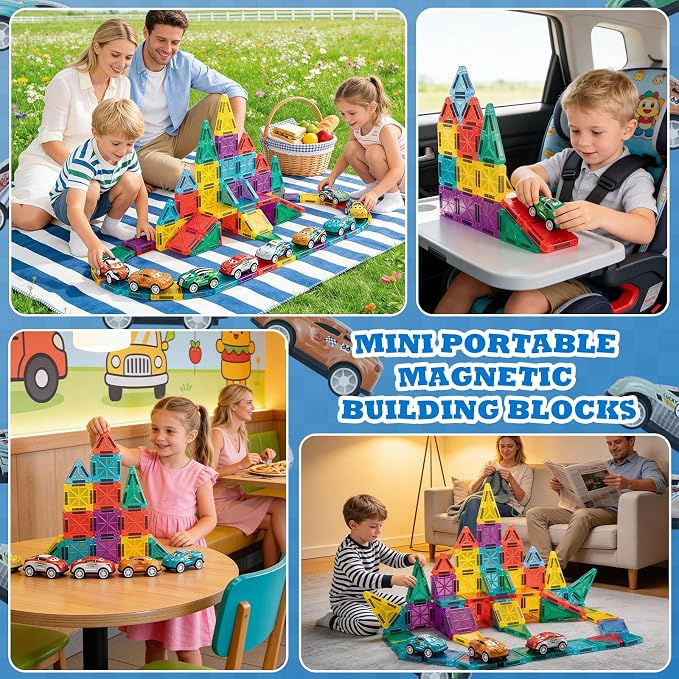 93 PCS Magnetic Tiles Mini Magnetic Building Tiles with Cars, Travel Magnetic Tiles with Storage Bag,STEM Toys for School Acitivities, Ideal Christmas Birthday Gifts for Boys Girls Age 3+ Years Old