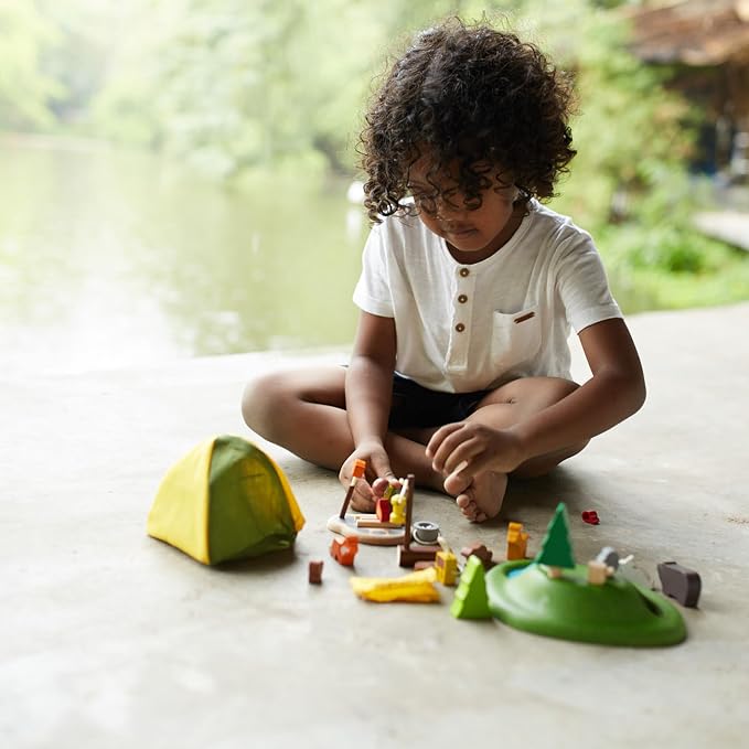 PlanToys Pretend Play Camping Set (6624) | Sustainably Made from Rubberwood and Non-Toxic Paints and Dyes | wooden camping play set, montessori imaginative role play, social skill development, open-ended adventure toys, kids toy