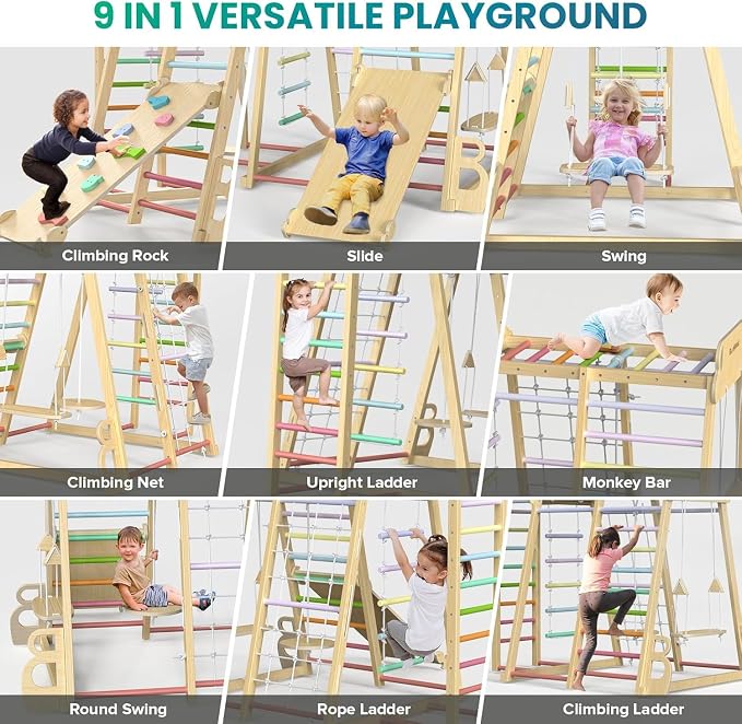 Upgraded Indoor Jungle Gym 9-in-1 Playground Kids Climbing Toys | Waldorf Style Wooden Climber Playset with Slide, Swing, Monkey Bars, Upright/Rope Ladder, Climb Net, Colorful