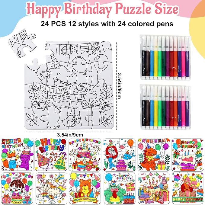 24 Sets Happy Birthday Crafts Puzzle for Kids Kit, Classroom Birthday Party Activities with Cake Hat Gift, DIY Art Color Your Own Blank jigsaw for Fall Christmas Party Favors Coloring Game Supplies