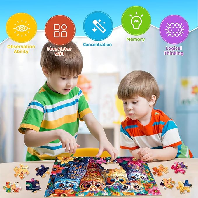 4 Packs 100 Piece Puzzles for Kids Ages 4-6, Jigsaw Puzzles for Kids Ages 6-8 8-10 Sea World, Owls, Hamburger, Starfish Learning Educational Toys for Boys and Girls