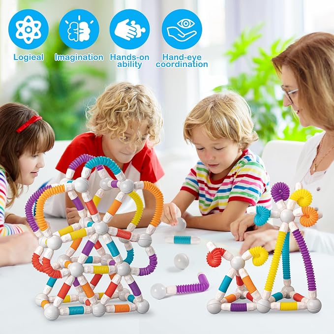 ROUSKY Magnetic Building Blocks Construction Set, 66 Pieces, Educational STEM Toy with Flexible Tubes and Connectors (66PCS)