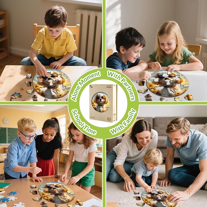Animal Wooden Puzzles for Kids - Sunny Puppy | 50 Piece Puzzles for Kids Ages 6-8, Kids Puzzles with Unique Animal Shapes, Round Gift for Girls and Boys (11.4 * 11.4 in)