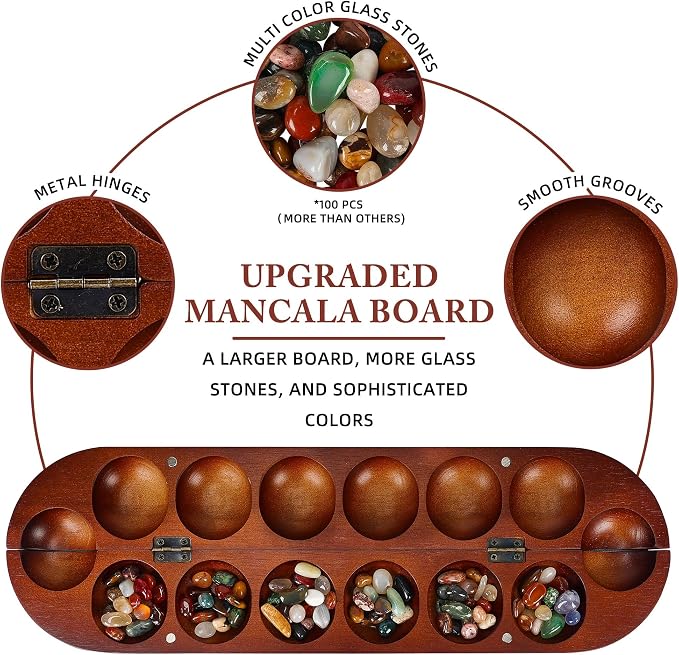 Offelec Wooden Mancala Board Game Set, Large 15.8 Inch Folding Board with 100 Multi Color Stones, 2-Player Classic Family Strategy Game for Kids & Adults, Portable Travel Mancala with Instructions