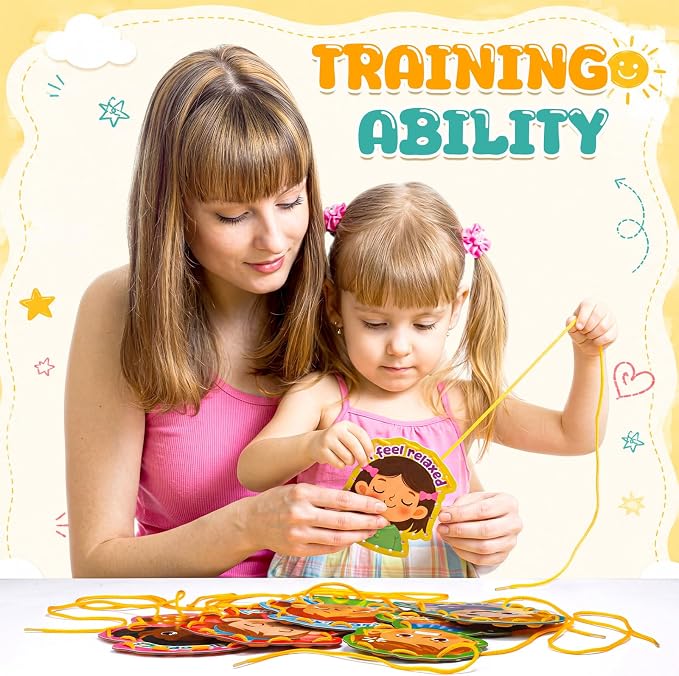 Funrous 10 Pieces Kids Recognition Lacing Cards,Emotion | Thick Cardboard Educational Sewing Cards, Double Sided Lacing Playing Games, For Preschool Developing Imagination Supplies