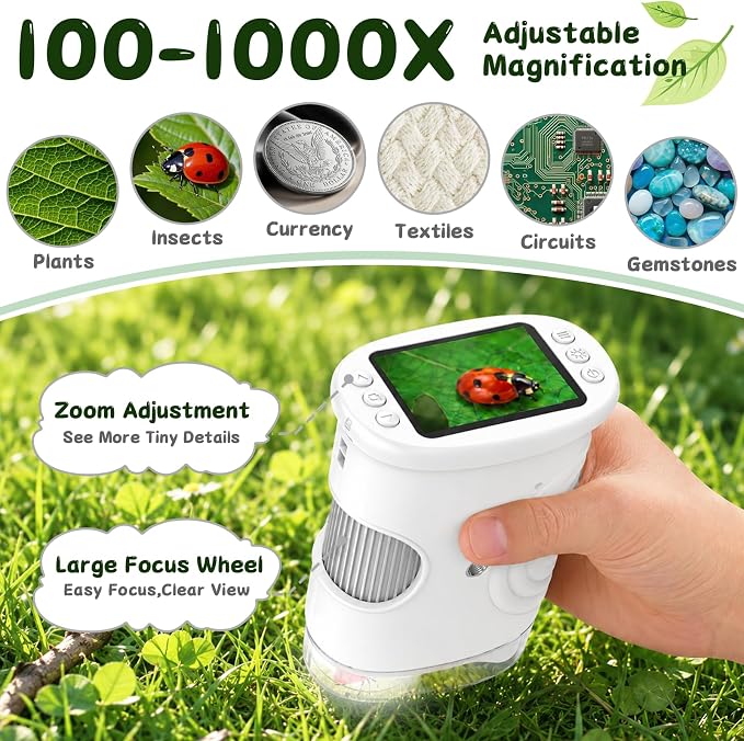SEEKID Microscope for Kids 200-1000X, STEM Toy Science Kit for Kid(White) | Handheld Digital Microscope, 2" IPS Screen, 4K HD Camera 200+ Photo Storage for Girls Boys Child Birthday Gifts