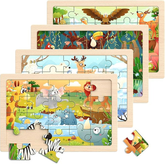 Zeoddler Wooden Puzzles for Toddlers, 4 Pack Animal Jigsaw Puzzles for Kids3-5, 20 Pieces Preschool Learning Activities, Learning & Educational Toys, Gift for Boys, Girls