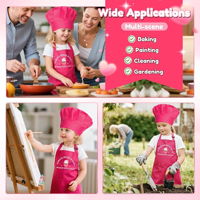 R HORSE Kid Apron and Chef Hat Set 2Pcs Adjustable Pink Children Kitchen Apron, Dress up Role Play Chef Toy Funny Cooking Baking Painting and Training Kits for Kids Birthday Holiday Gift