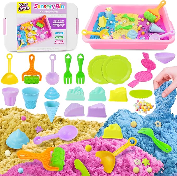 Sensory Bin - Baking & Ice Cream Making Set with 3.3lb Play Sand Kit, Waffle Cake Molds and Sand Tools, Ice Cream Toy Shop, Gifts for Girls & Boys | 3.3lb Play Sand, Waffle Cake Molds, Ice Cream Shop Playset, Creative Baking Toy, Fine Motor Skills, Gif...