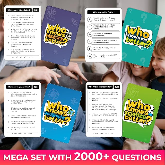 Card Games for Kids 8-12 - Set of 4 Board Family Games for Kids and Adults | Trivia Cards for Family Game Night - Who Knows It Better 2000+ Questions History, Geography, Science - Fun Card Game