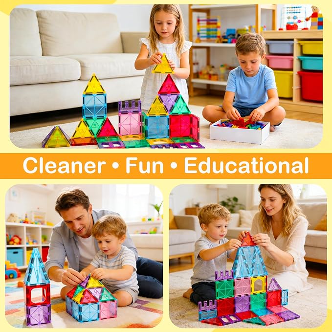 Antibacterial Magnetic Tiles, 58PCS 3D STEM Building Blocks Set | Bacteria Resistant, EPA-registered, Toddler-Safe, Strong Magnets, Preschool Education Construction Toy, Clean Play for Kids