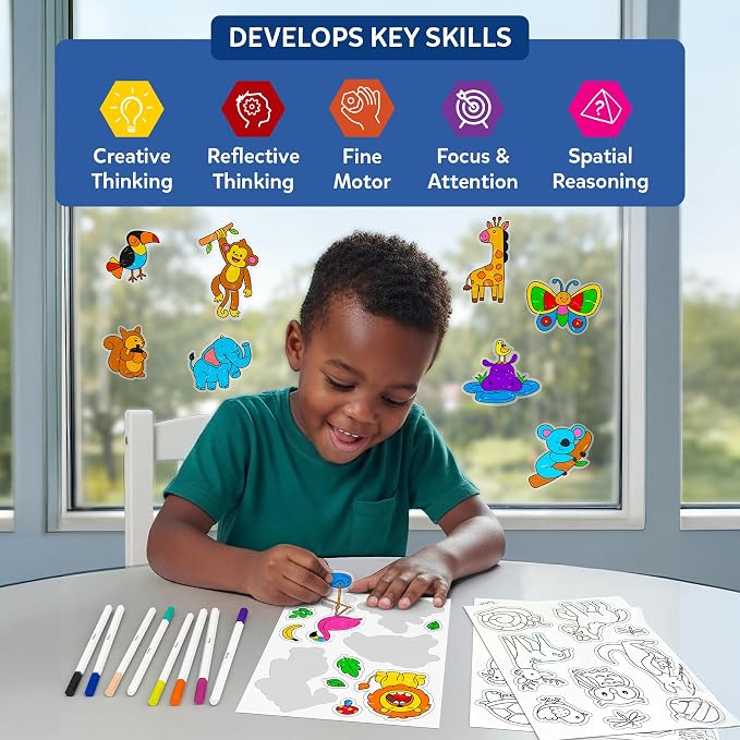 Skillmatics Color Clingz – Animals, Reusable Static Stickers, Travel Toys | 50+ DIY Stickers, 10 Paint Markers, Mess-Free, Window Art & Craft Kit, Gifts for Toddlers, Boys & Girls Ages 3, 4, 5, 6, 7