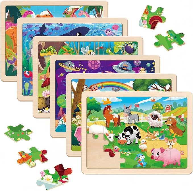 Wooden Puzzles for Kids Ages 4-6, 6 Packs 24 PCs Wood Dinosaur Animals Jigsaw Puzzles for Toddlers Ages 3-5, Preschool Educational Learning Puzzles Toys Gifts for Boys and Girls