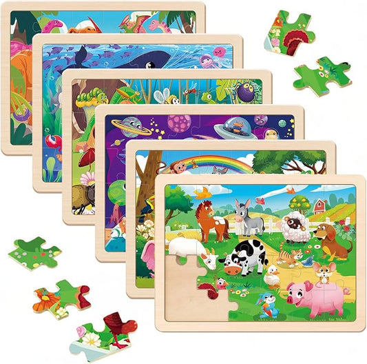 Wooden Puzzles for Kids Ages 4-6, 6 Packs 24 PCs Wood Dinosaur Animals Jigsaw Puzzles for Toddlers Ages 3-5, Preschool Educational Learning Puzzles Toys Gifts for Boys and Girls