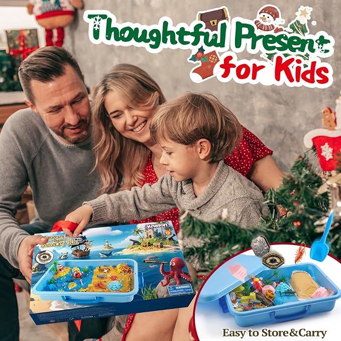 KNASON Pirate Treasure Chest Sensory Bin with Glow in The Dark Gems and Map | 2.2lbs Sensory Play Sand Kit, Sandbox with Lid, Pirate Toys, Spyglass, Compass, Sand Toys Gift for Boys Kids Ages 3-8